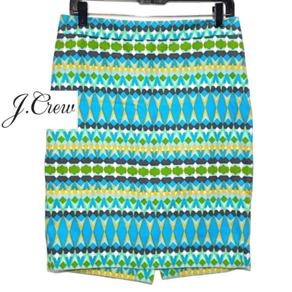 J Crew Pencil Skirt Turquoise And Green Cotton Print, Size 6 EUC - Picture 4 of 16